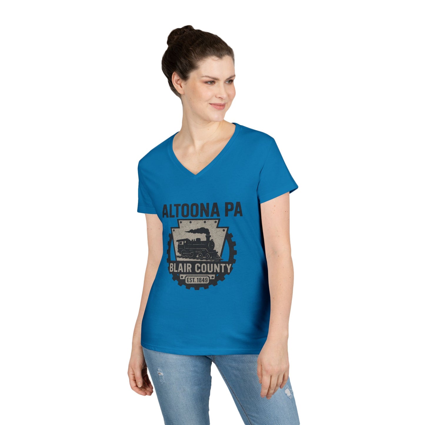Blue V-neck Altoona PA vintage t-shirt with Blair County graphic worn by woman
