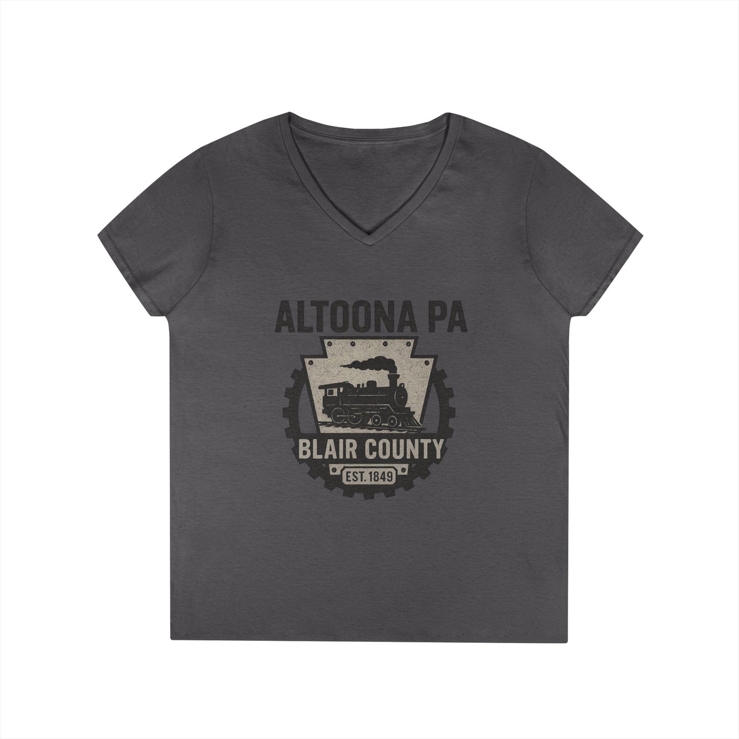 Printify V-neck Altoona PA vintage t-shirt with Blair County train graphic in dark gray