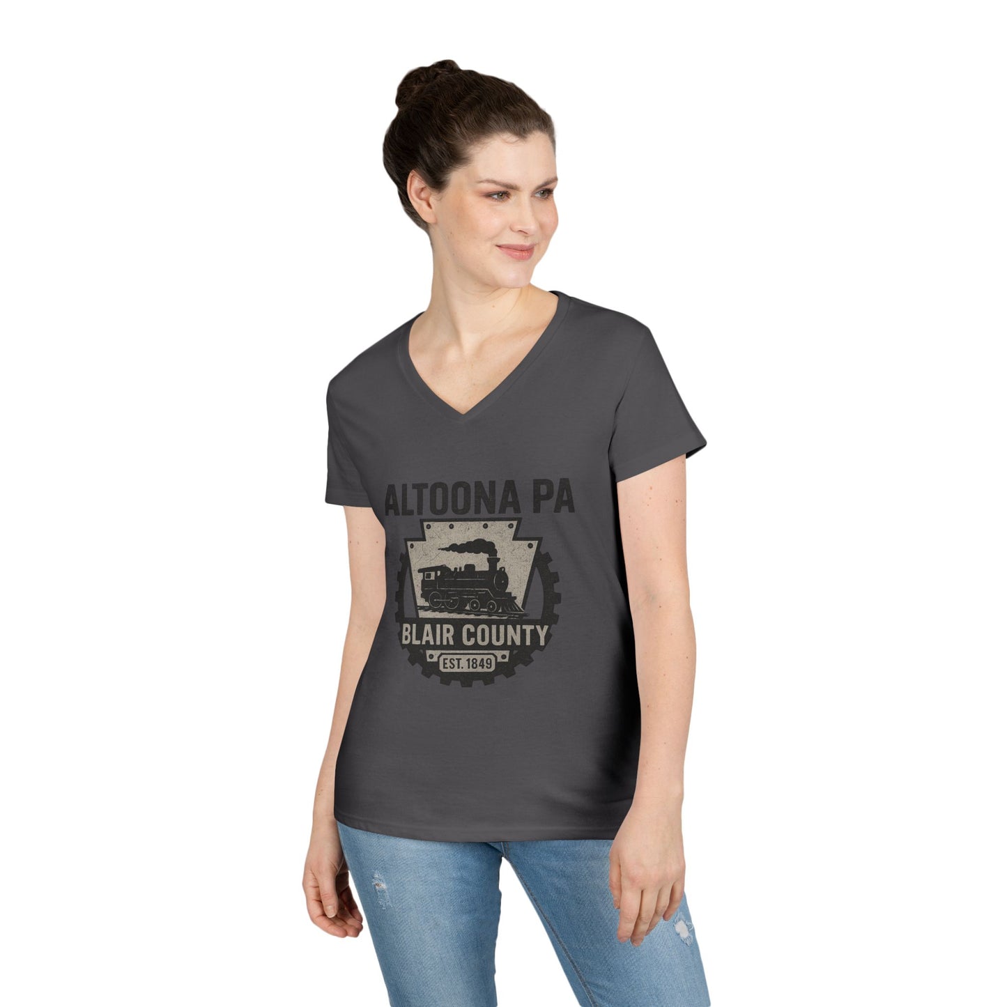 Printify V-neck Altoona PA vintage t-shirt in dark gray with Blair County train graphic worn by woman