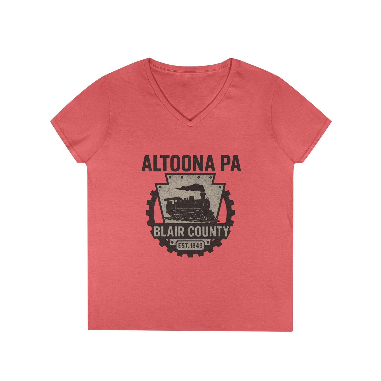 Coral V-neck Altoona PA vintage t-shirt featuring Blair County steam train design