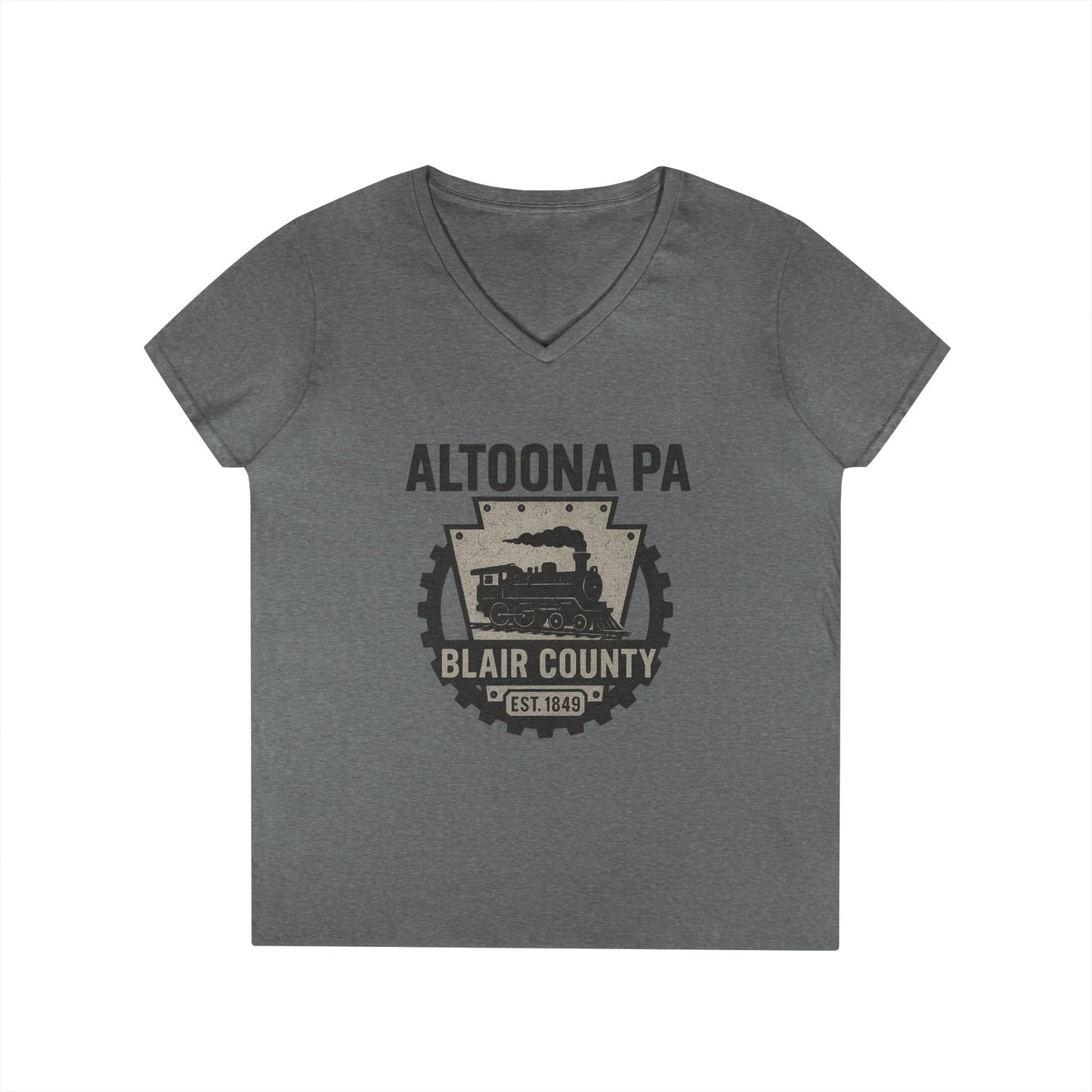 Gray V-neck Printify Altoona PA vintage t-shirt with train and Blair County design