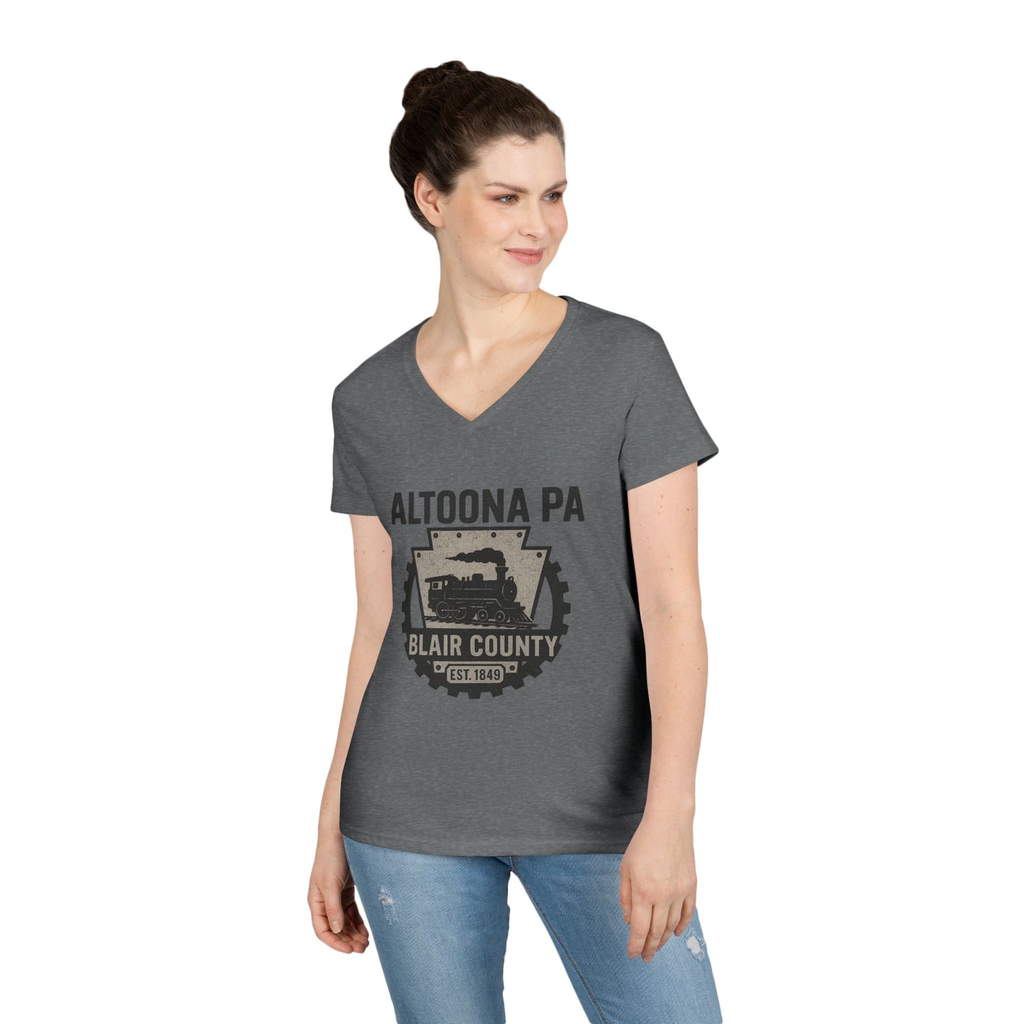 Printify V-neck Altoona PA vintage t-shirt featuring Blair County train design in dark gray