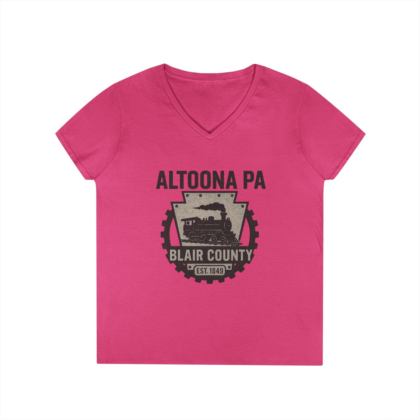 Pink V-neck Altoona PA vintage t-shirt with Blair County steam train design by Printify