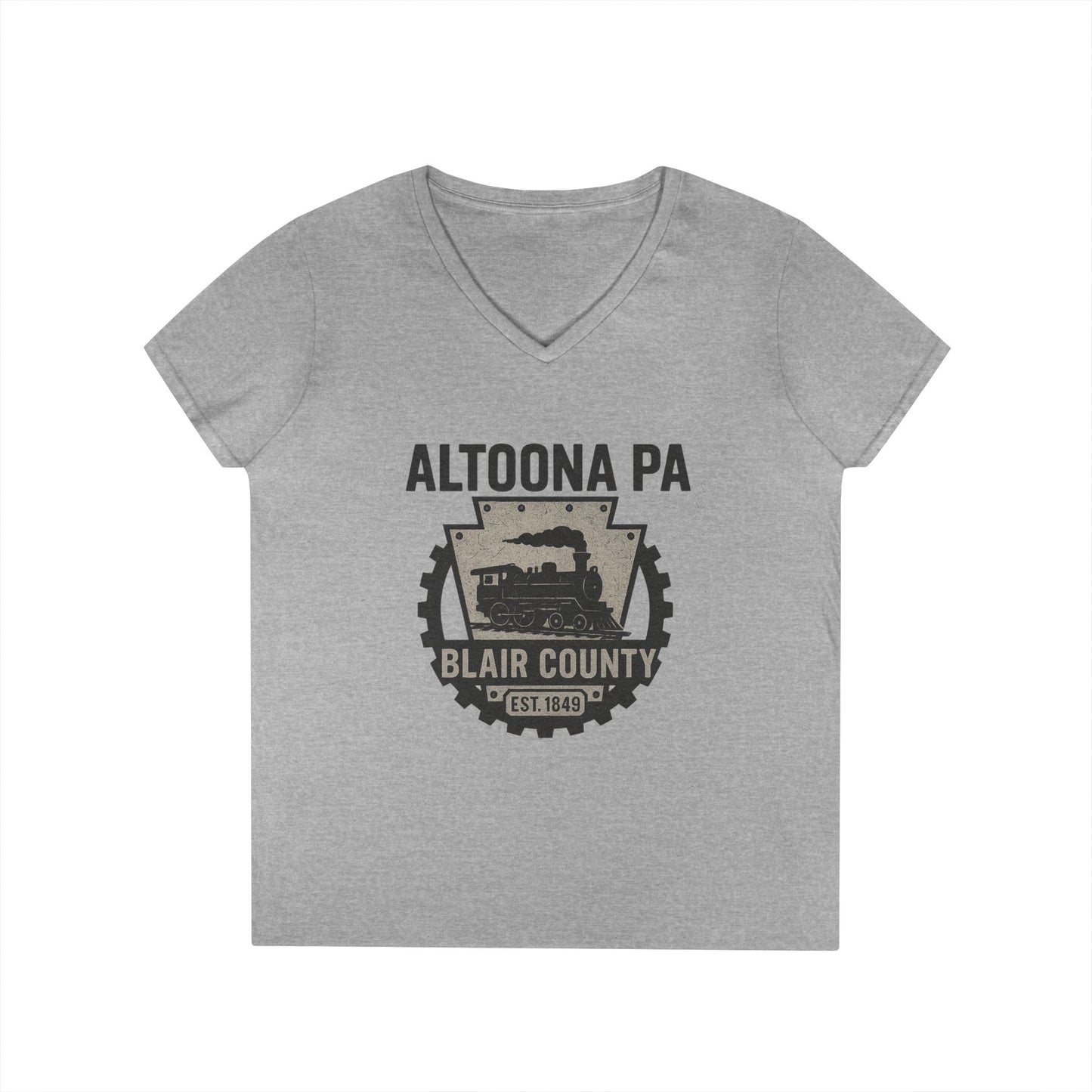 Grey V-neck Altoona PA vintage t-shirt with Blair County steam train graphic from Printify