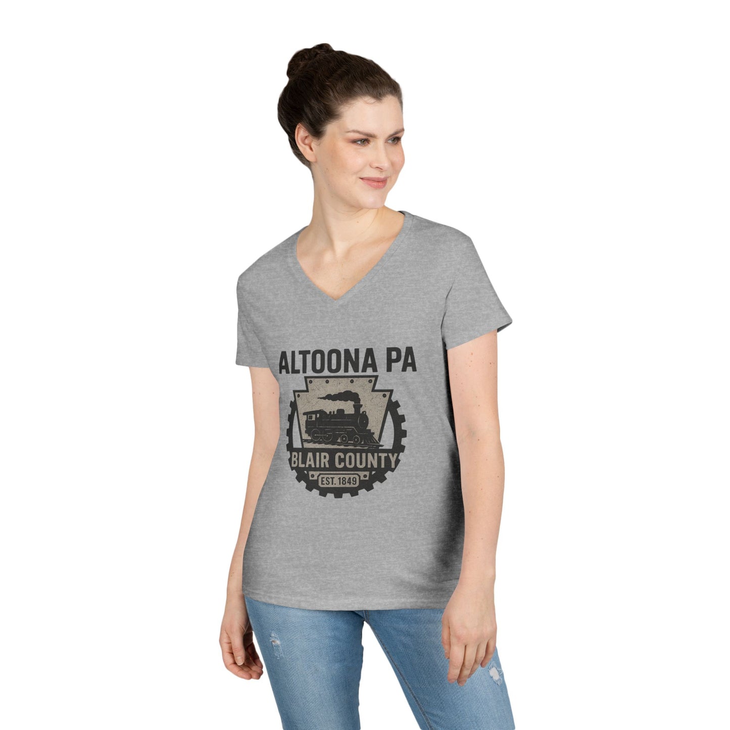 Printify gray V-neck Altoona PA vintage t-shirt with Blair County graphic worn by woman
