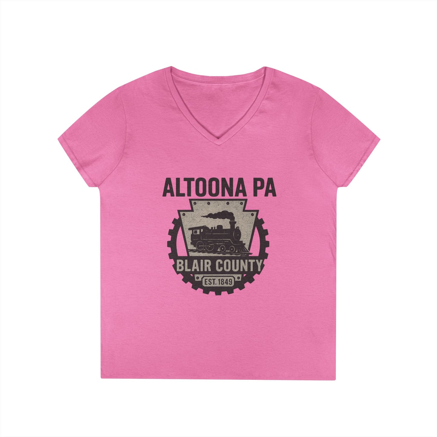 Pink V-neck Altoona PA vintage t-shirt with Blair County steam train graphic by Printify