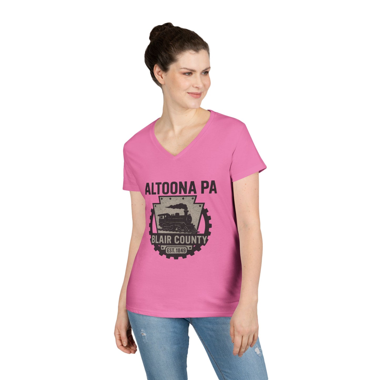 Pink V-neck Altoona PA vintage t-shirt with Blair County graphic worn by woman