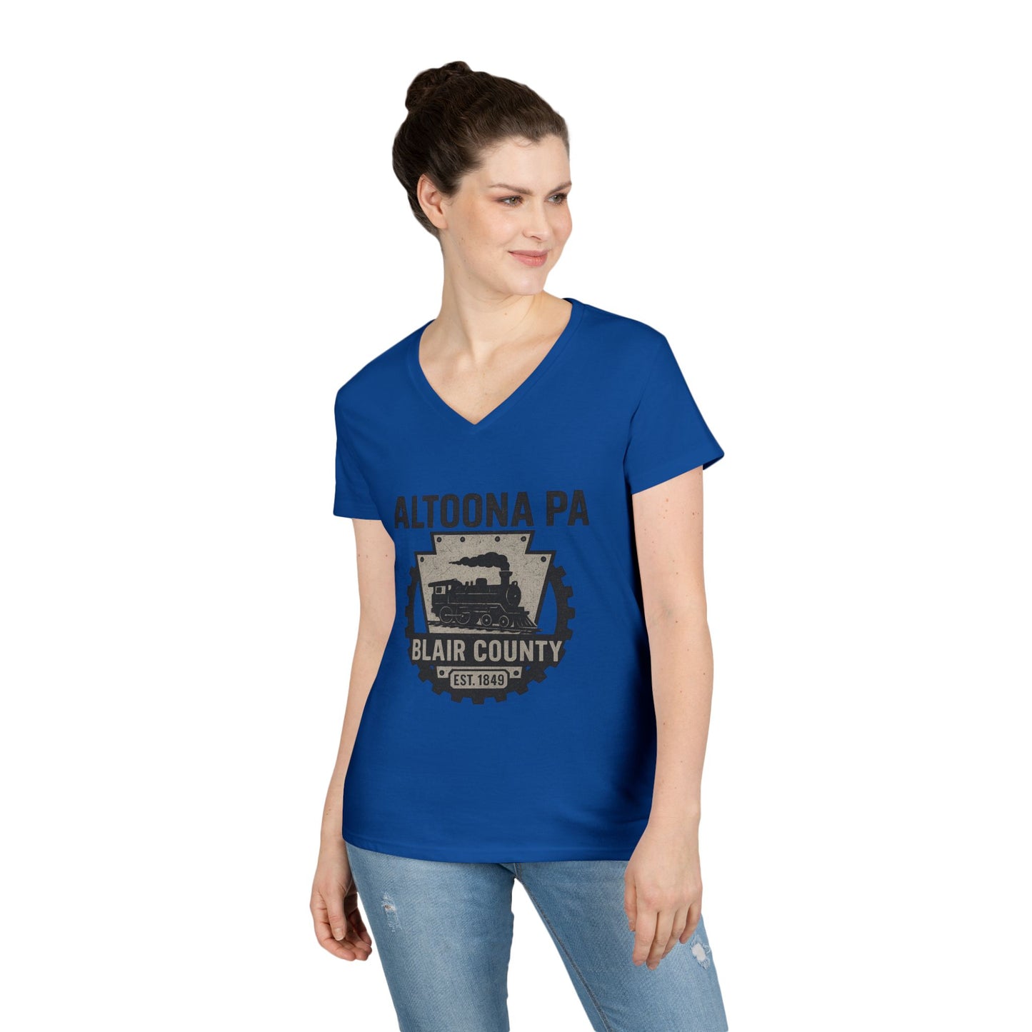 Blue V-neck Altoona PA vintage t-shirt by Printify featuring Blair County train graphic