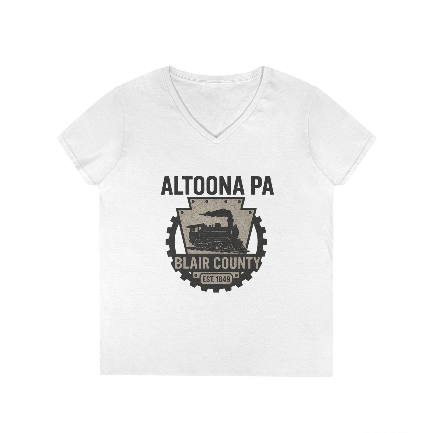Printify white V-neck Altoona PA vintage t-shirt with Blair County steam train graphic