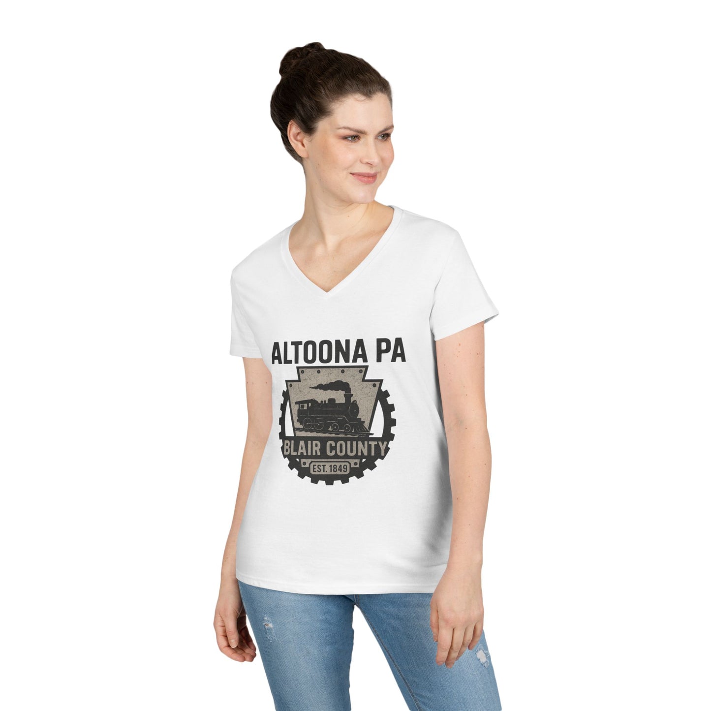White V-neck Altoona PA vintage t-shirt with Blair County design worn by woman in casual jeans