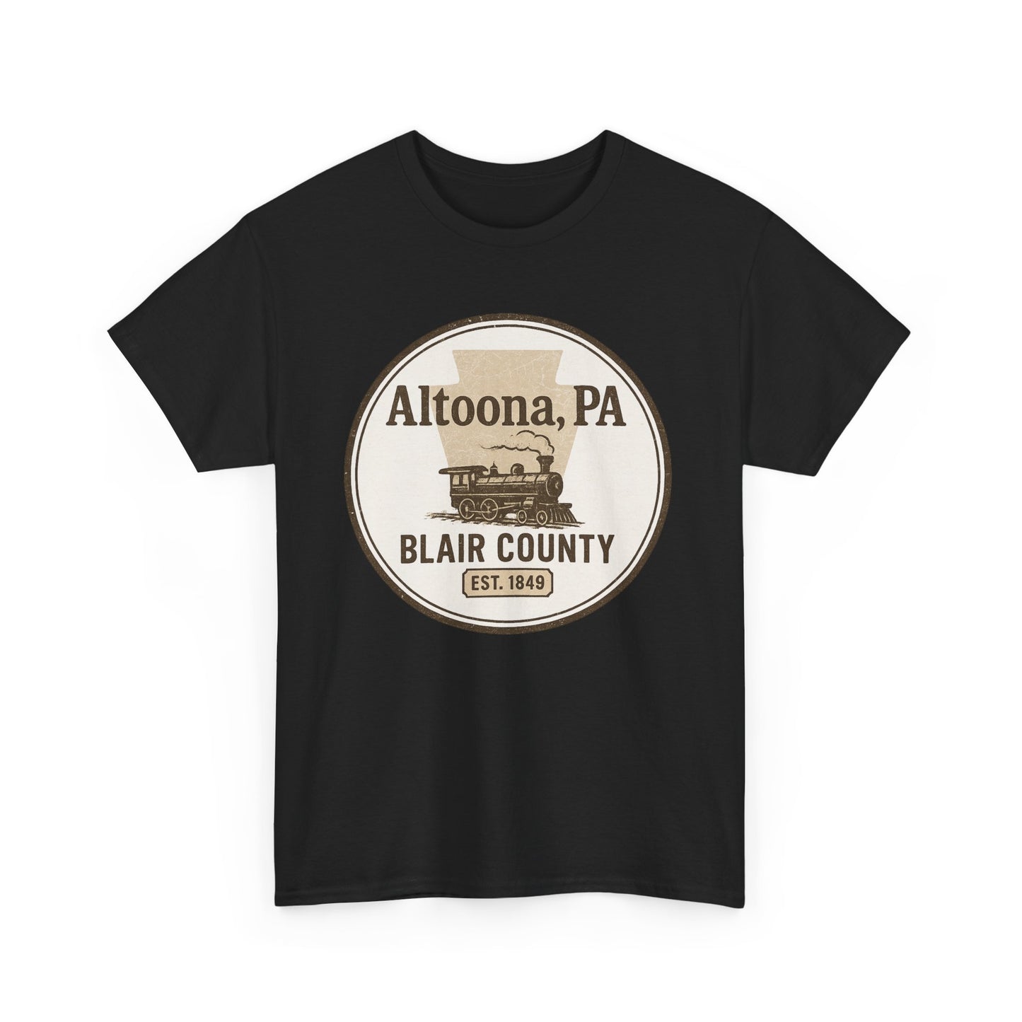 Printify black Altoona PA vintage t-shirt with Blair County train design established 1849