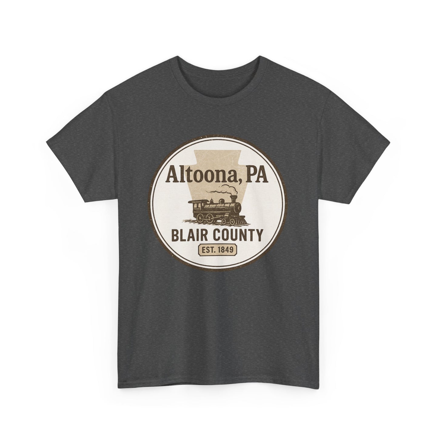 Printify Altoona PA vintage t-shirt in dark gray with Blair County steam train design