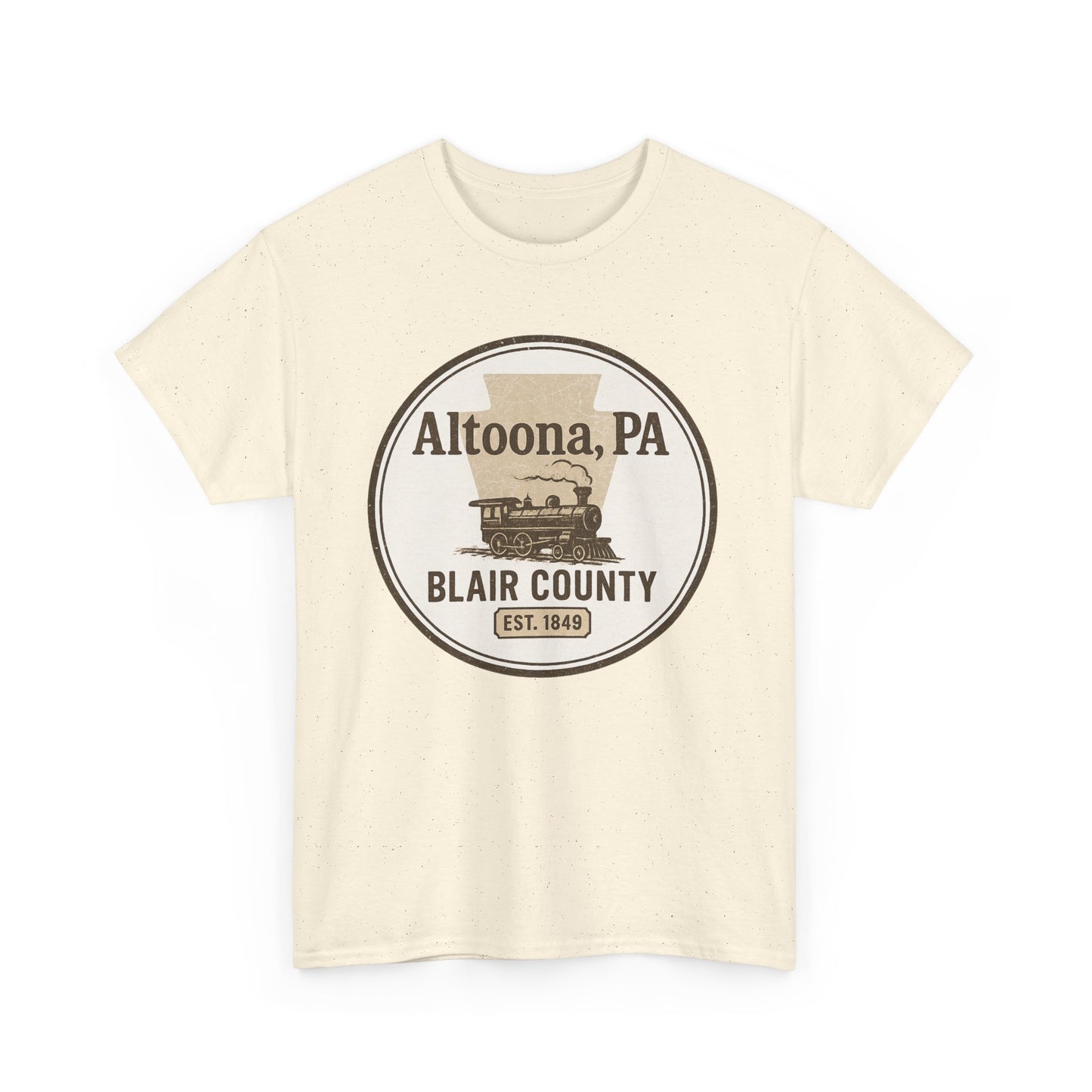 Printify Altoona PA vintage t-shirt with Blair County train design on cream background