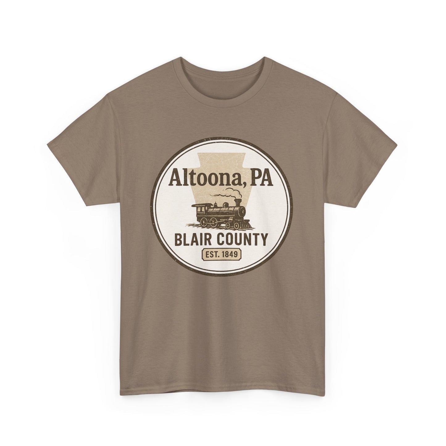 Altoona PA vintage t-shirt with Blair County steam train graphic on a brown Printify shirt