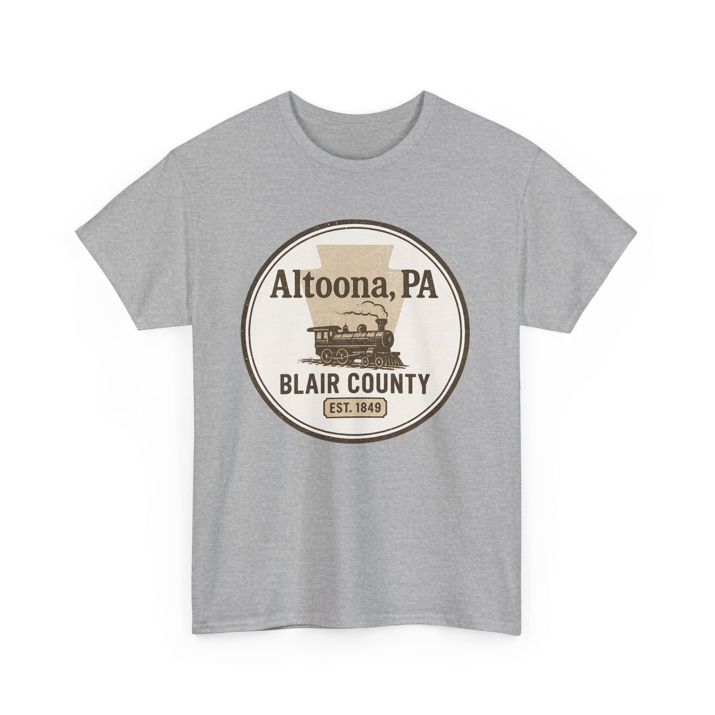 Printify gray Altoona PA vintage t-shirt featuring Blair County steam train design
