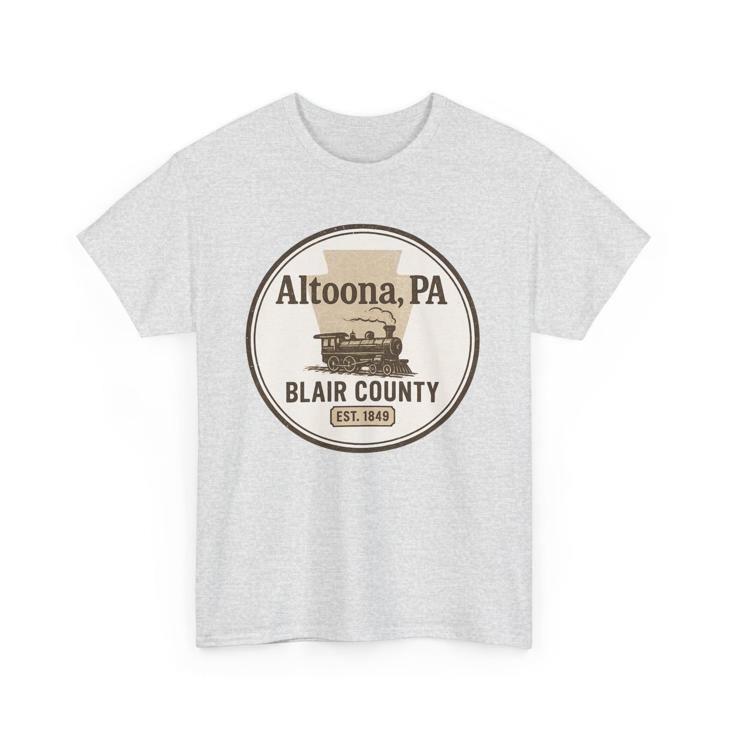 Printify Altoona PA vintage t-shirt with Blair County train graphic and beige design on gray