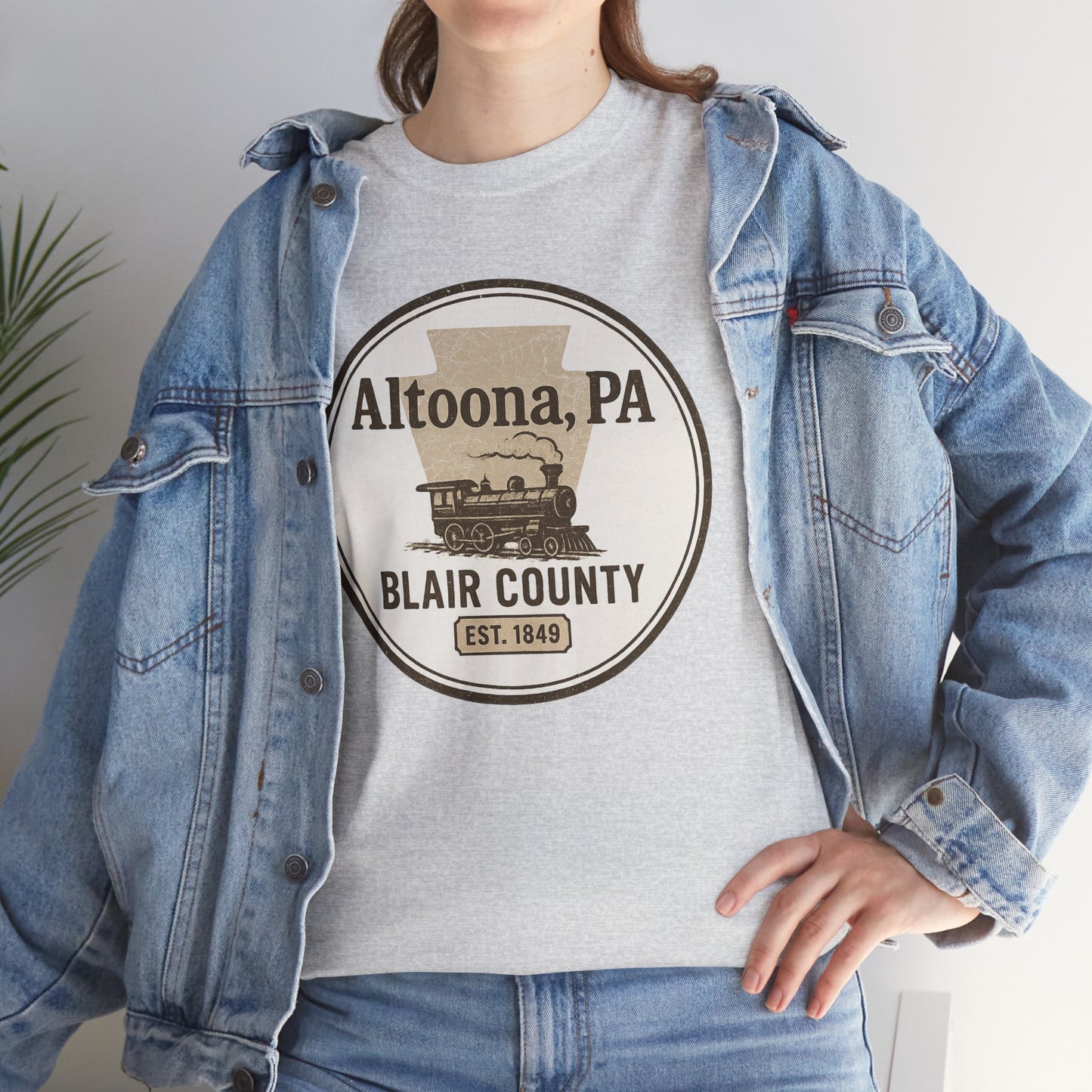 Altoona PA vintage t-shirt with Blair County train design worn under a denim jacket