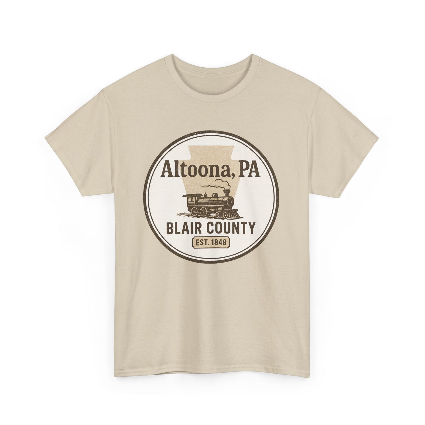 Printify beige Altoona PA vintage t-shirt with Blair County steam train graphic design