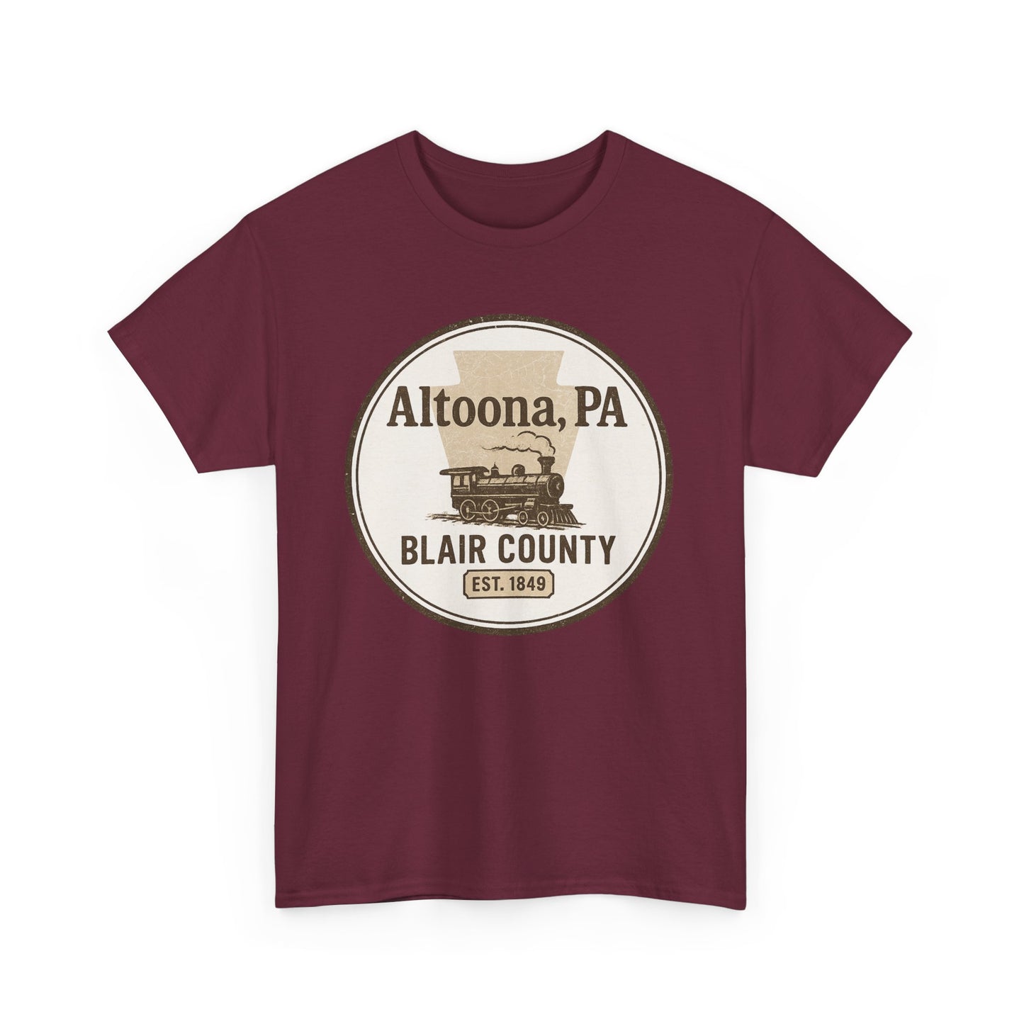 Maroon Printify Altoona PA vintage t-shirt with Blair County steam train design