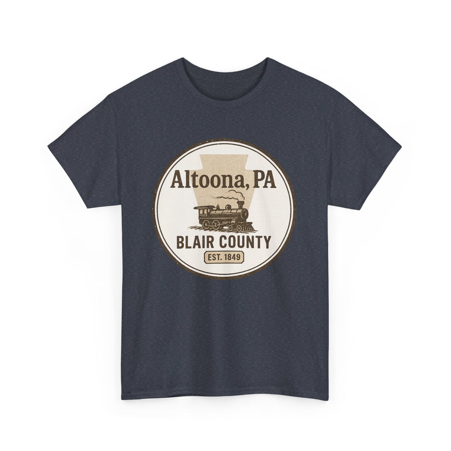 Printify Altoona PA vintage t-shirt in dark color with Blair County train graphic and established 1849 design