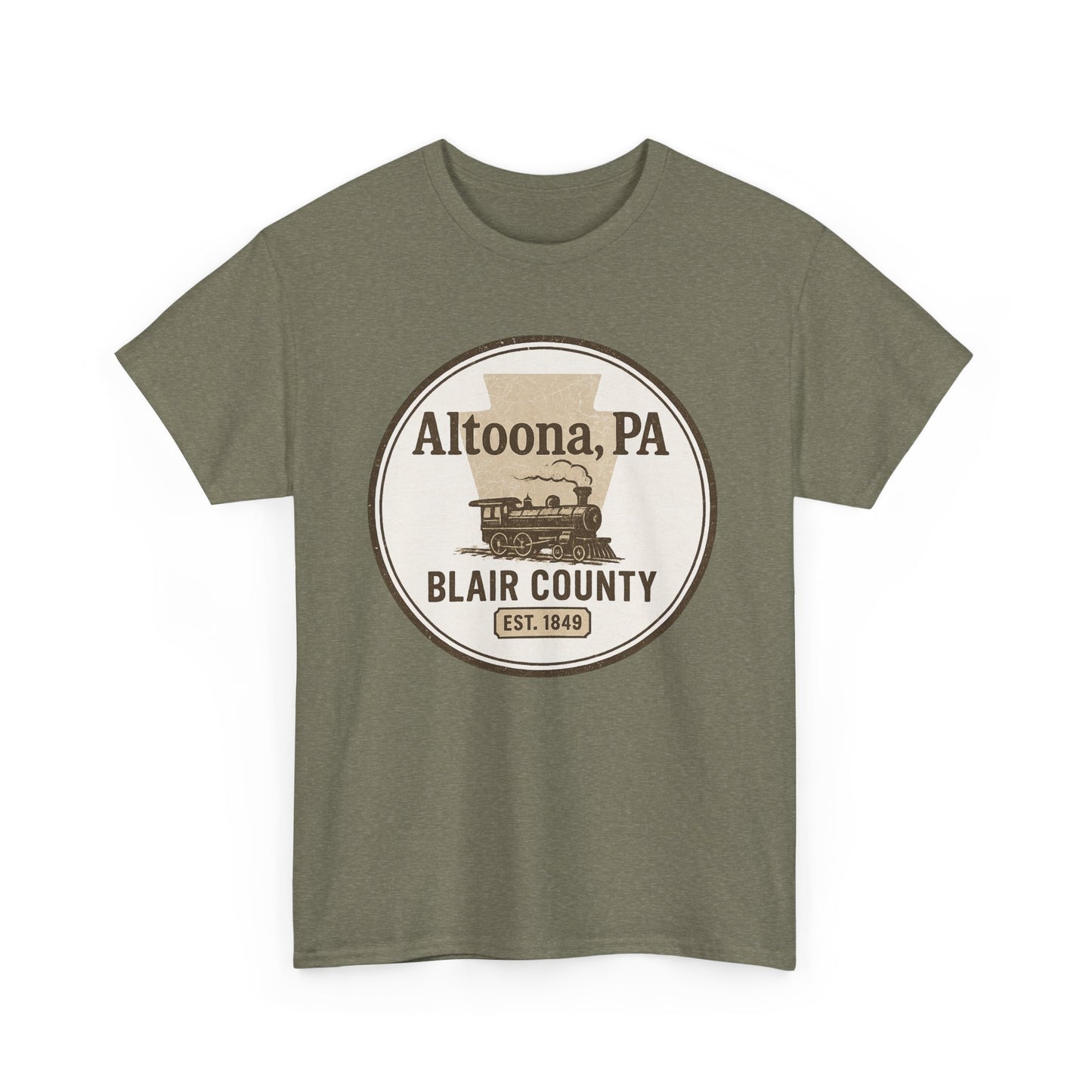 Altoona PA vintage t-shirt with Blair County train design in brown on olive green Printify shirt