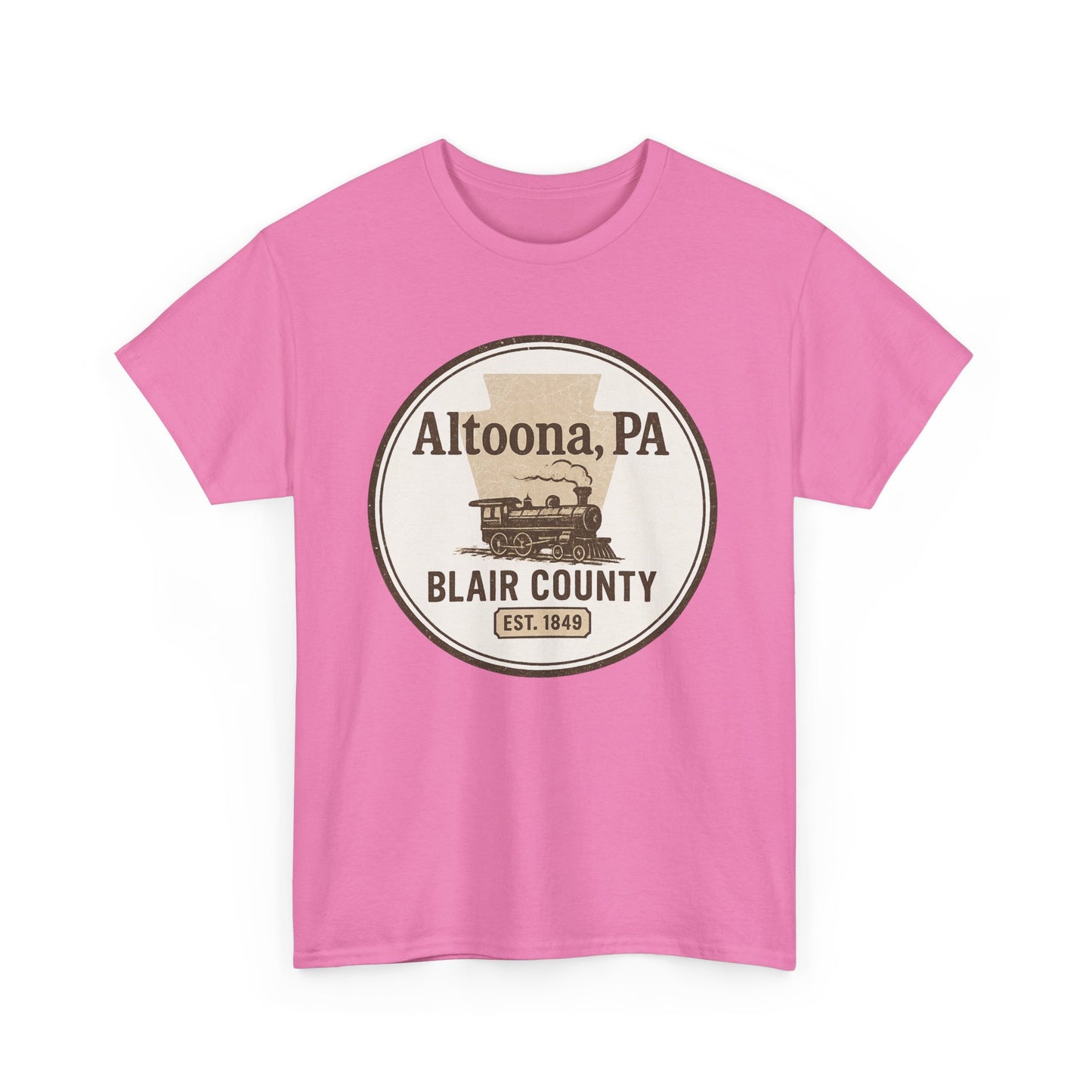 Pink Printify Altoona PA vintage t-shirt with Blair County train design and established 1849 text