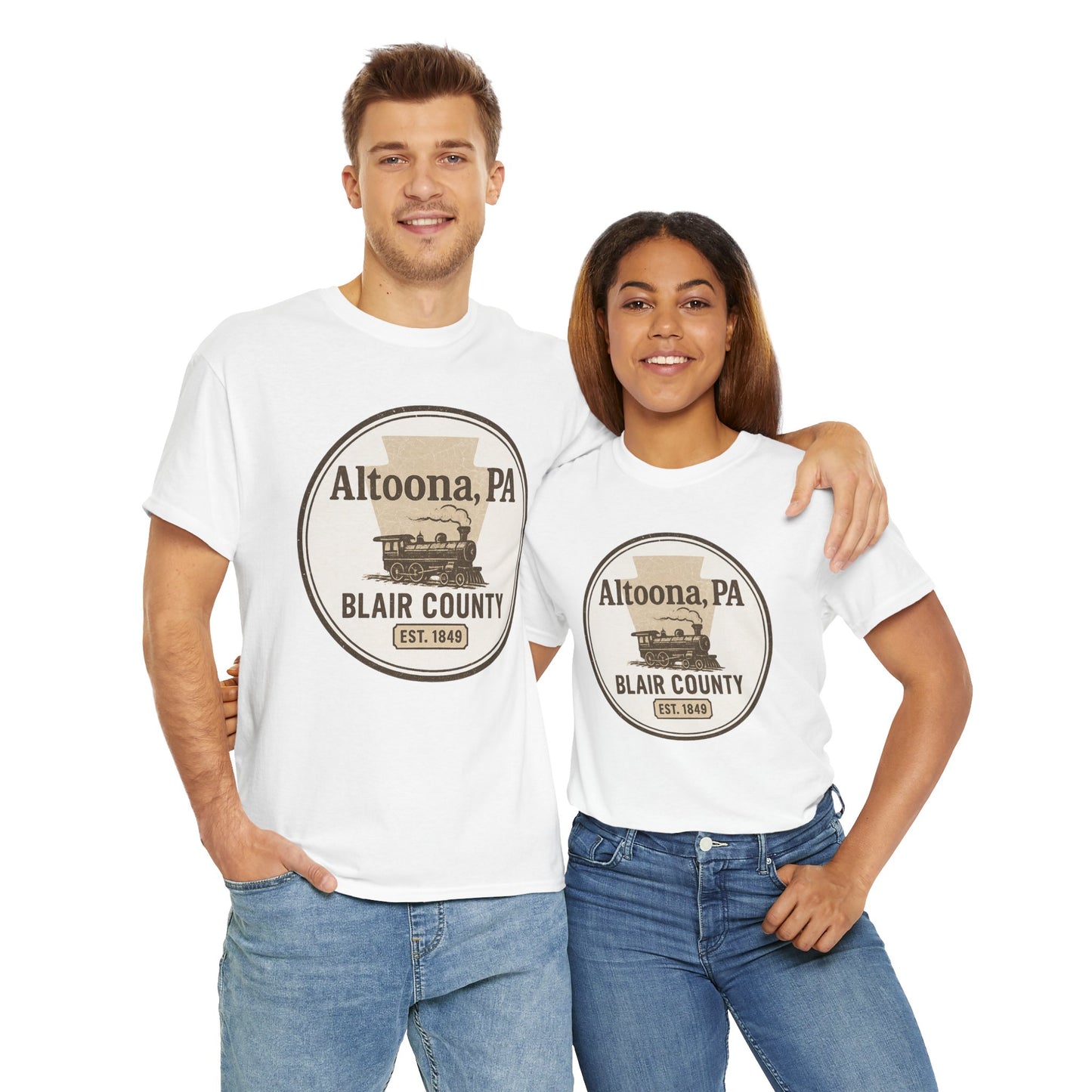 Couple wearing Printify Altoona PA vintage t-shirt with Blair County train design in white