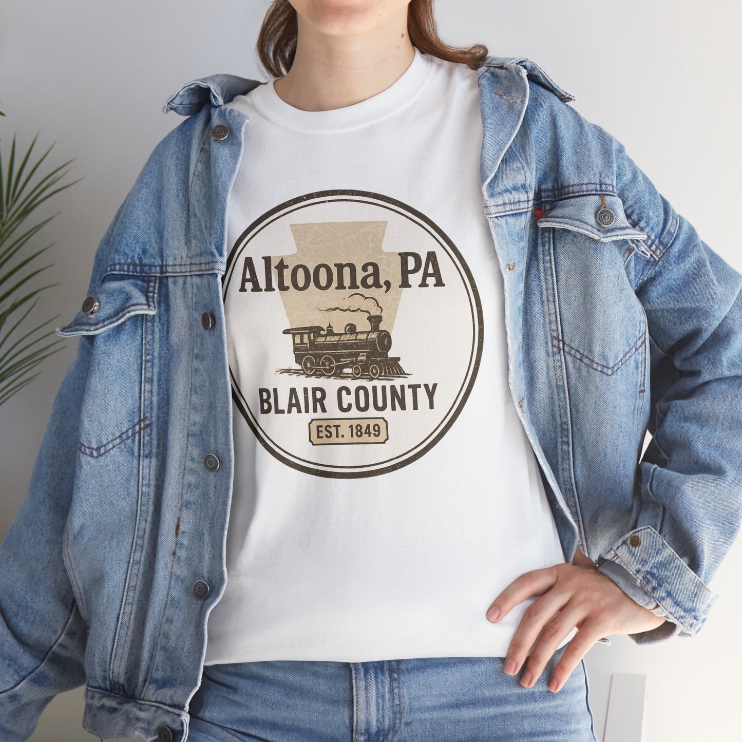 White Altoona PA vintage t-shirt with Blair County steam train design worn with denim jacket