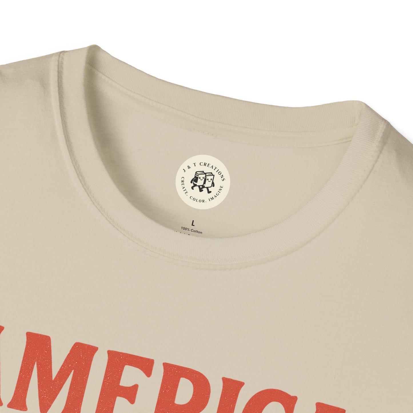 Printify beige America 1776 patriotic t-shirt close-up showing red text and neckline stitching