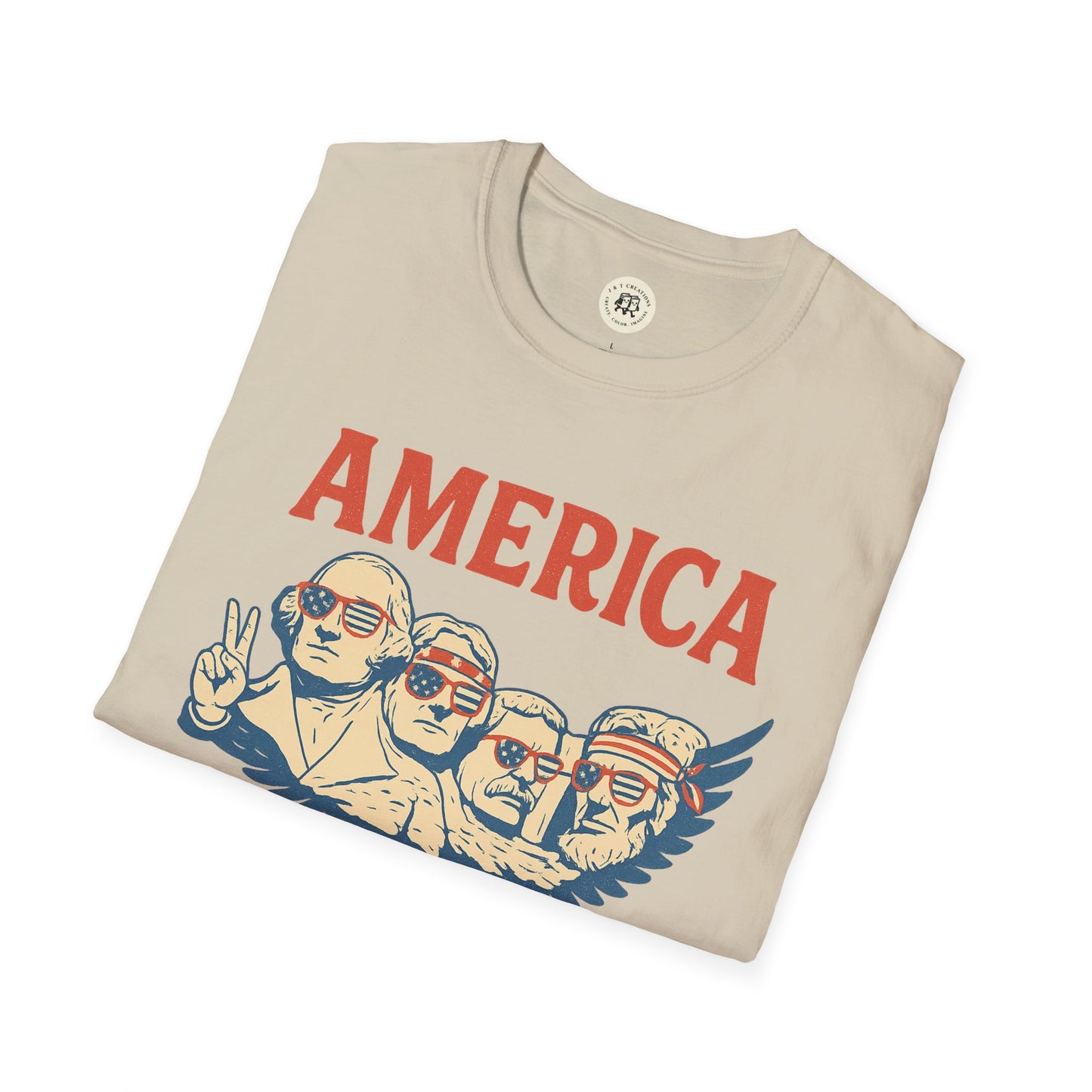 Beige America 1776 patriotic t-shirt featuring founding fathers with American flag sunglasses