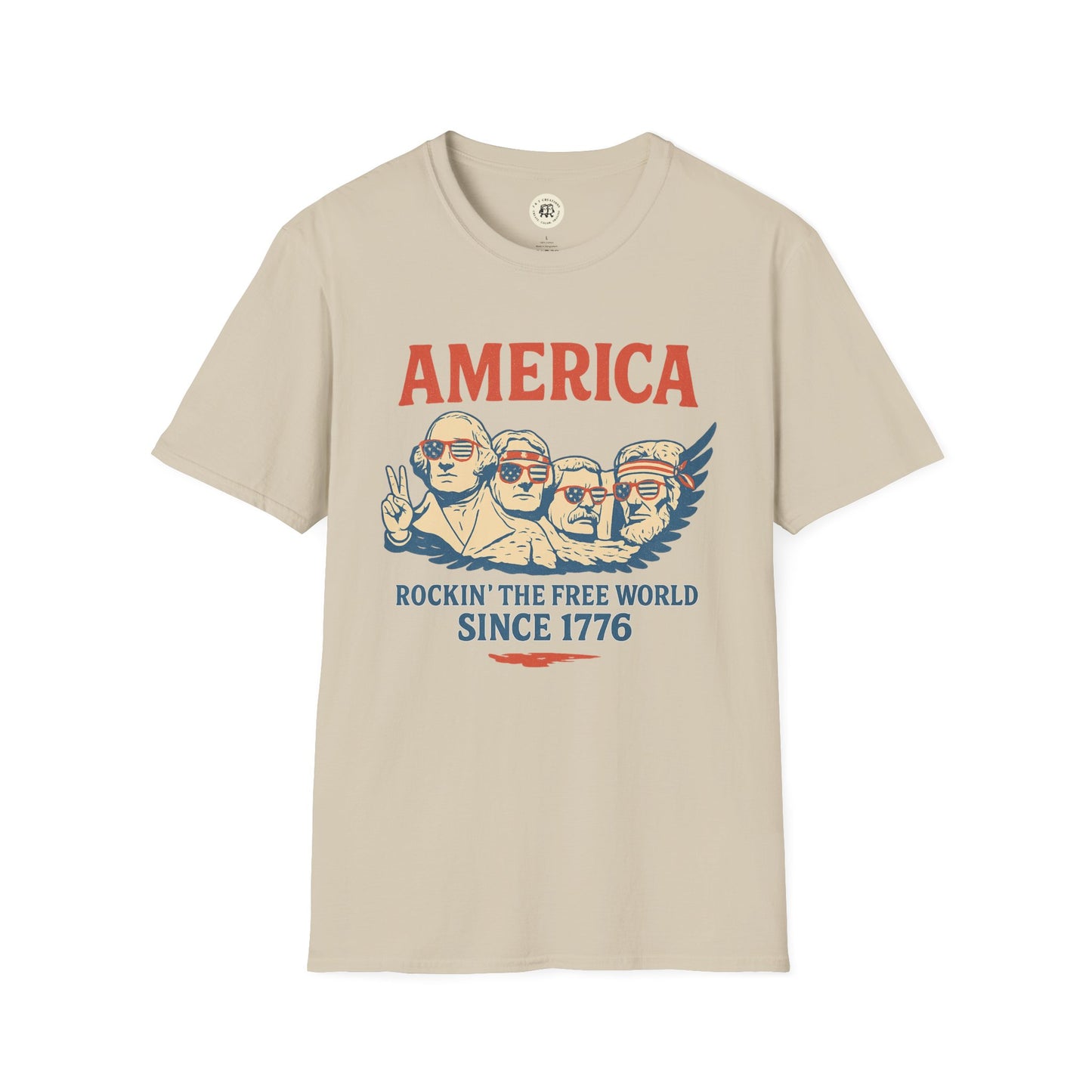 Printify America 1776 patriotic t-shirt featuring founders with sunglasses and patriotic text design