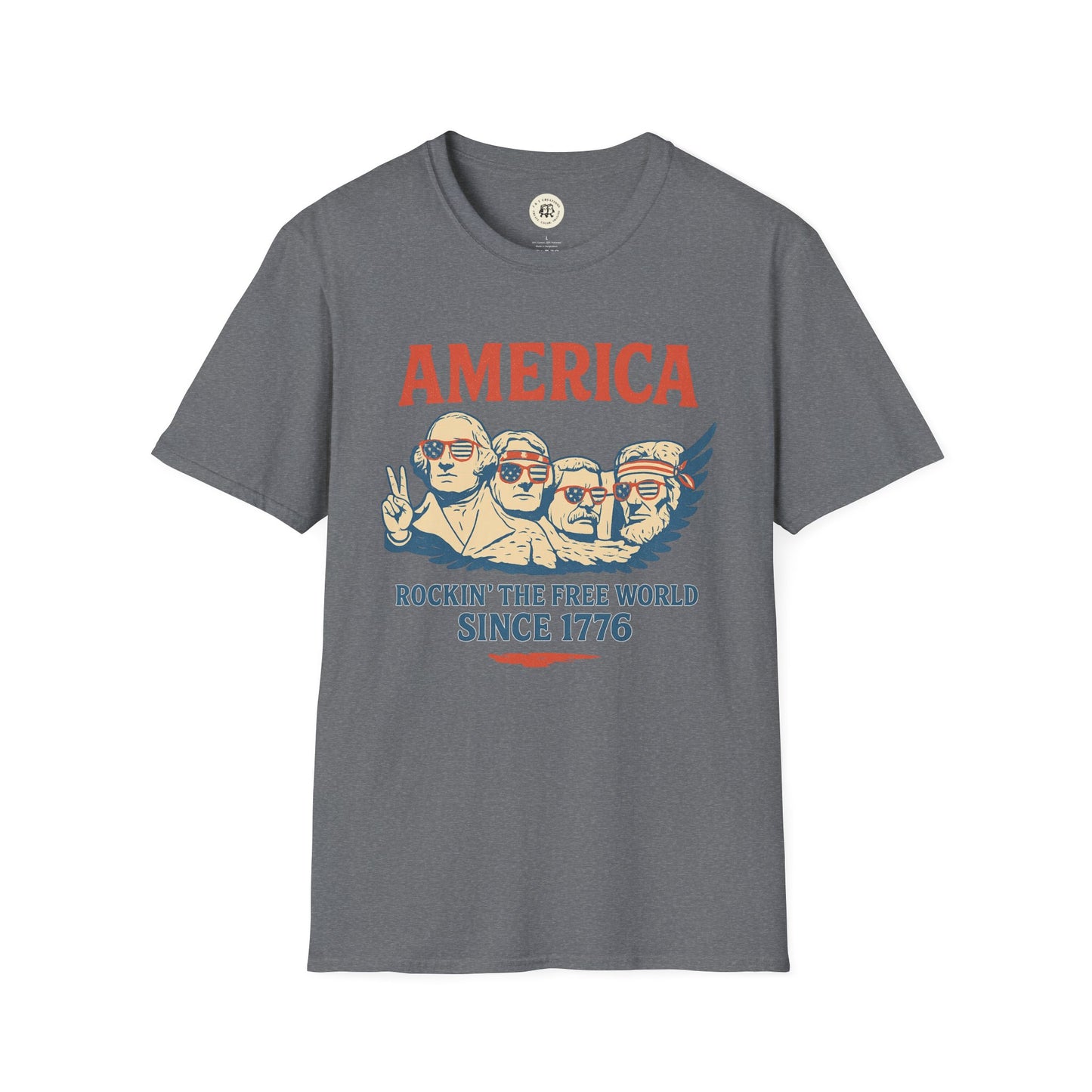 Gray Printify America 1776 patriotic t-shirt with vintage patriotic graphic and text design