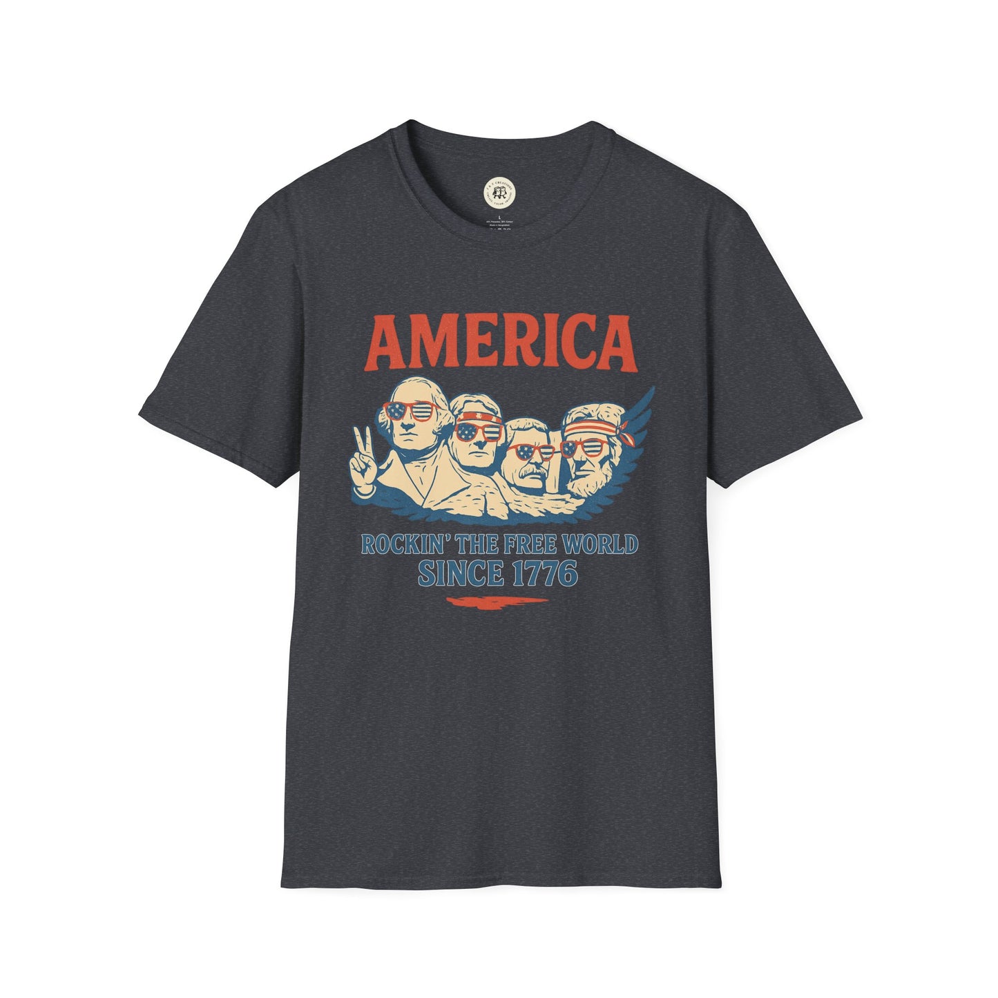 Printify America 1776 patriotic t-shirt with vintage style Mount Rushmore graphic in red and blue
