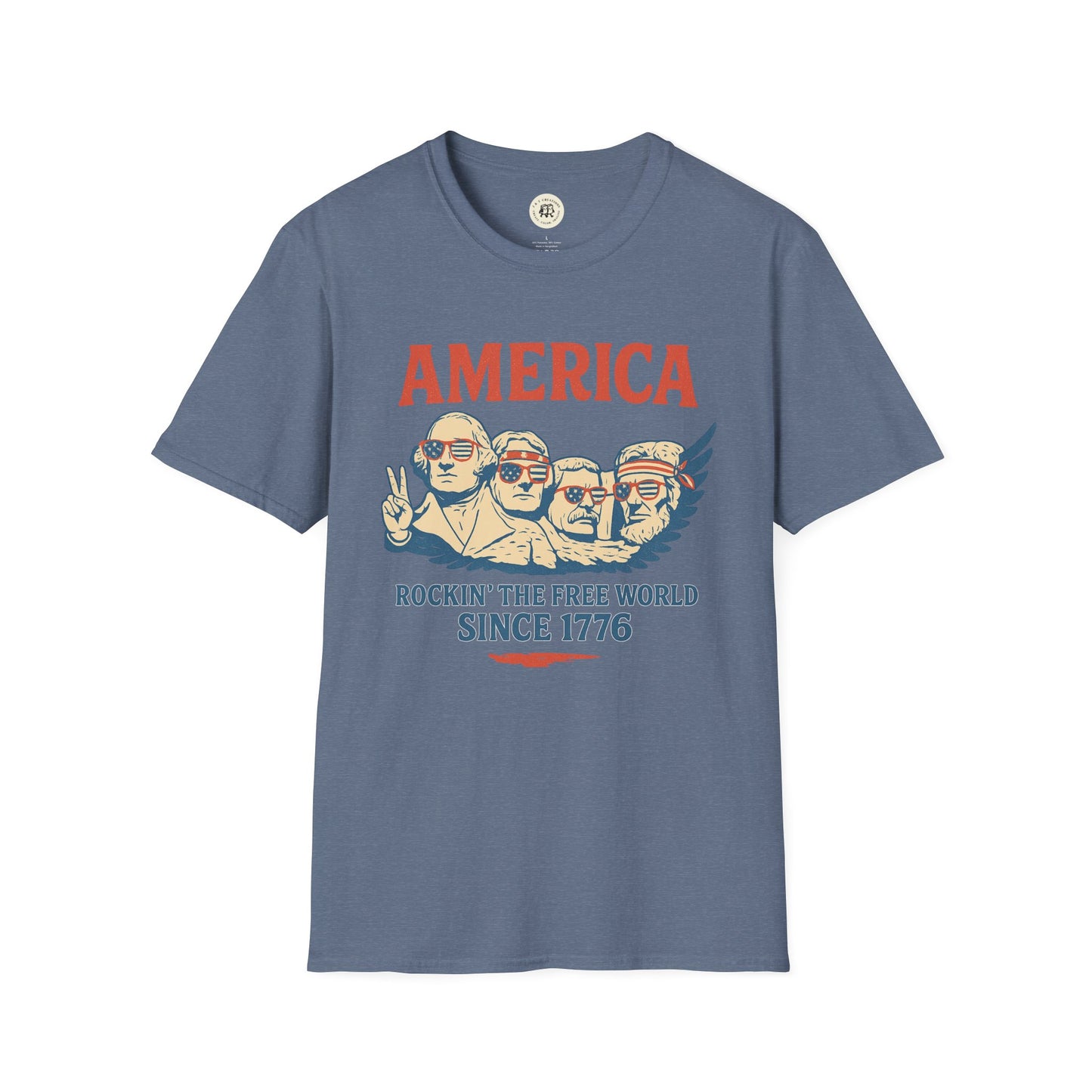 Printify America 1776 patriotic t-shirt with vintage Mount Rushmore design in red and blue