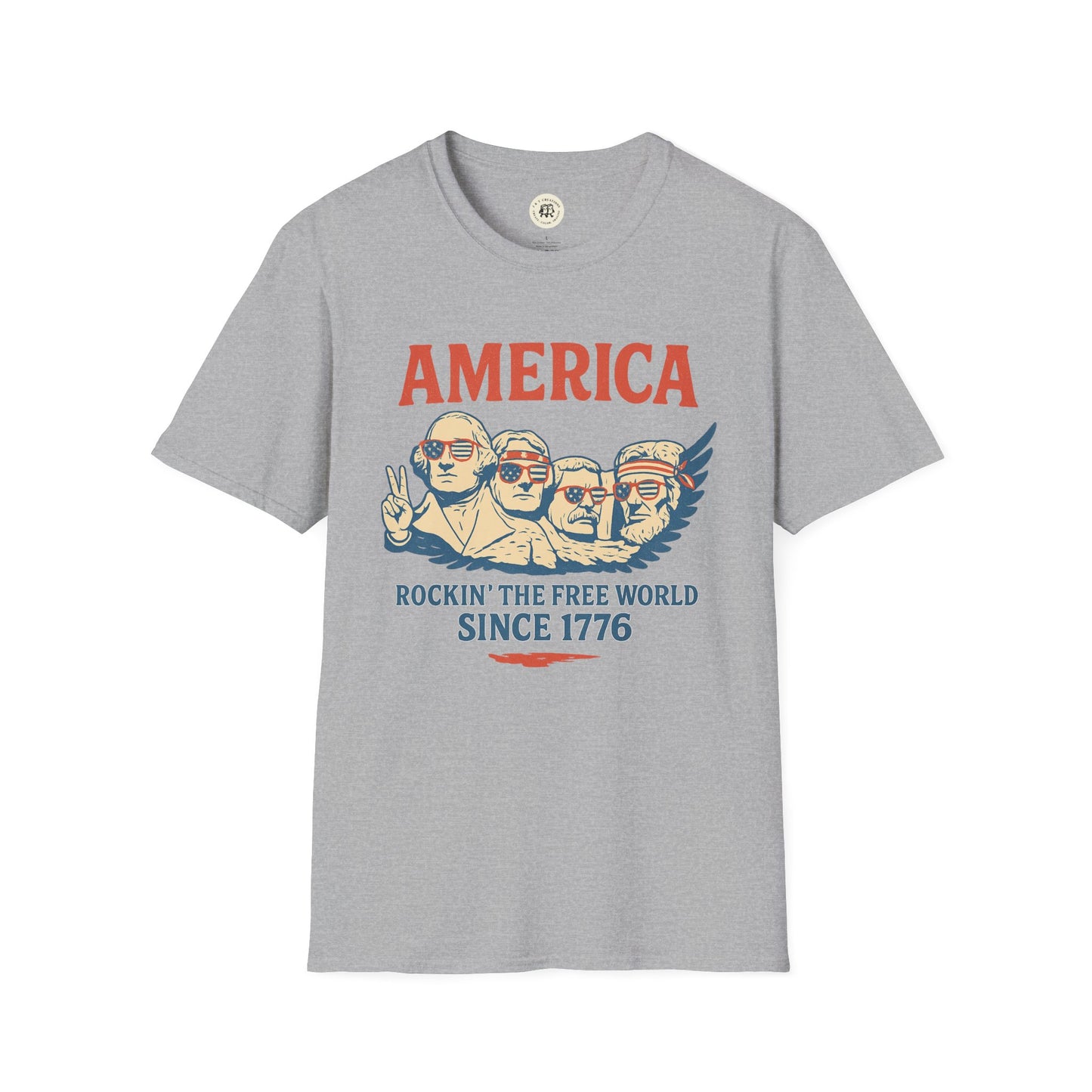 Gray America 1776 patriotic t-shirt with vintage Founding Fathers graphic and slogan
