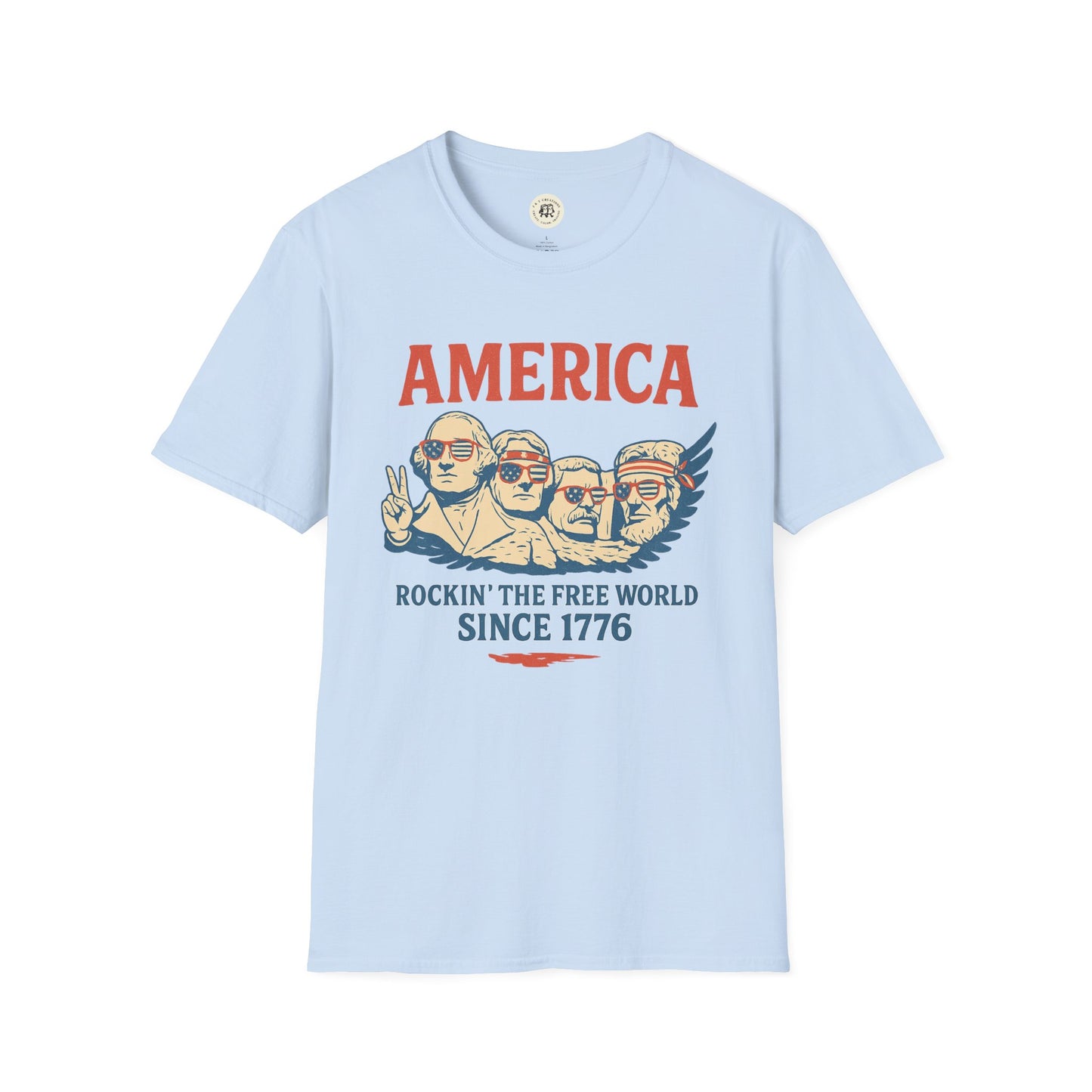 Printify America 1776 patriotic t-shirt light blue with historic figures and vintage patriotic design