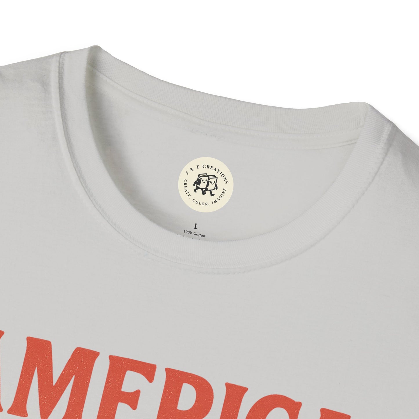 Close-up of white Printify America 1776 patriotic t-shirt with red text and crew neck collar