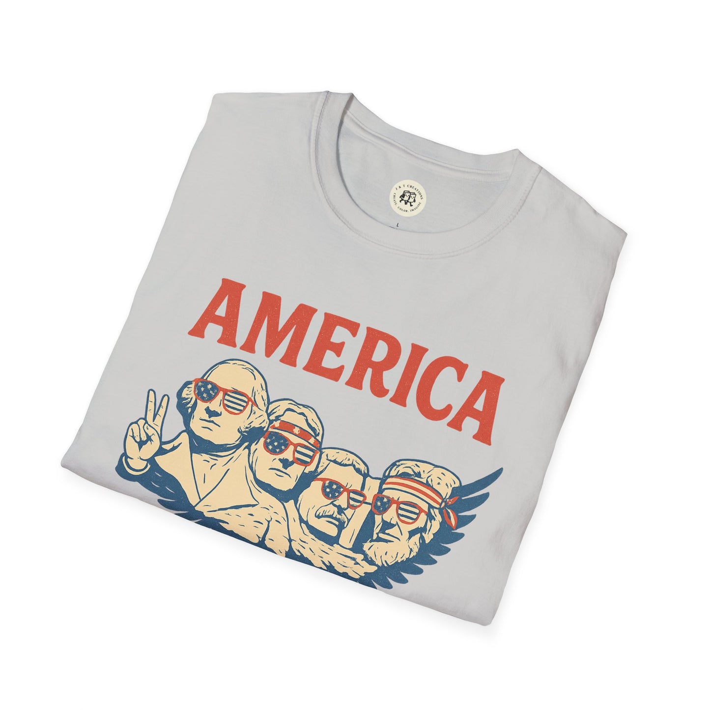 Printify America 1776 patriotic t-shirt with vintage founding fathers wearing American flag sunglasses
