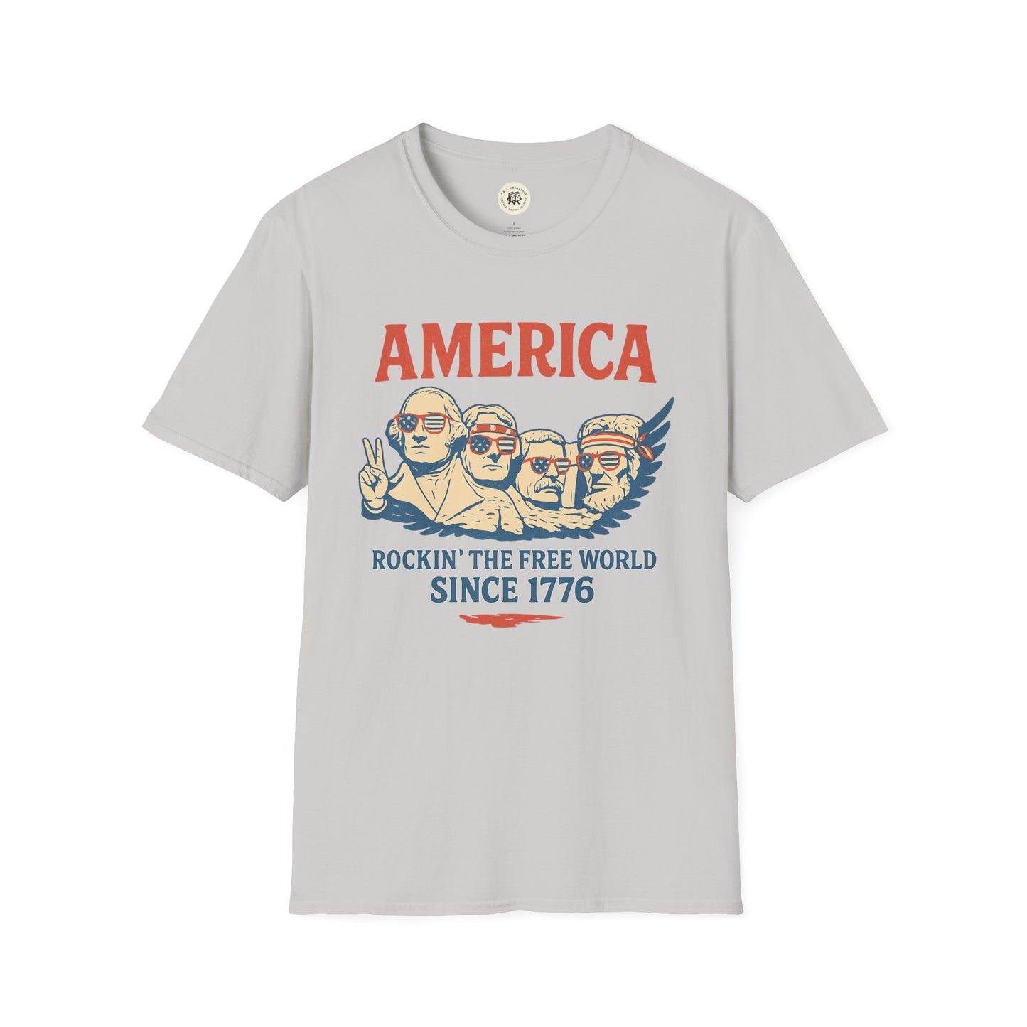 Printify America 1776 patriotic t-shirt with vintage patriotic design and Mount Rushmore illustration