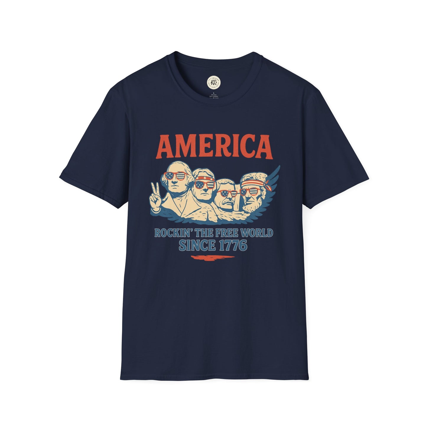 Printify America 1776 patriotic t-shirt navy blue with Mount Rushmore design and slogan