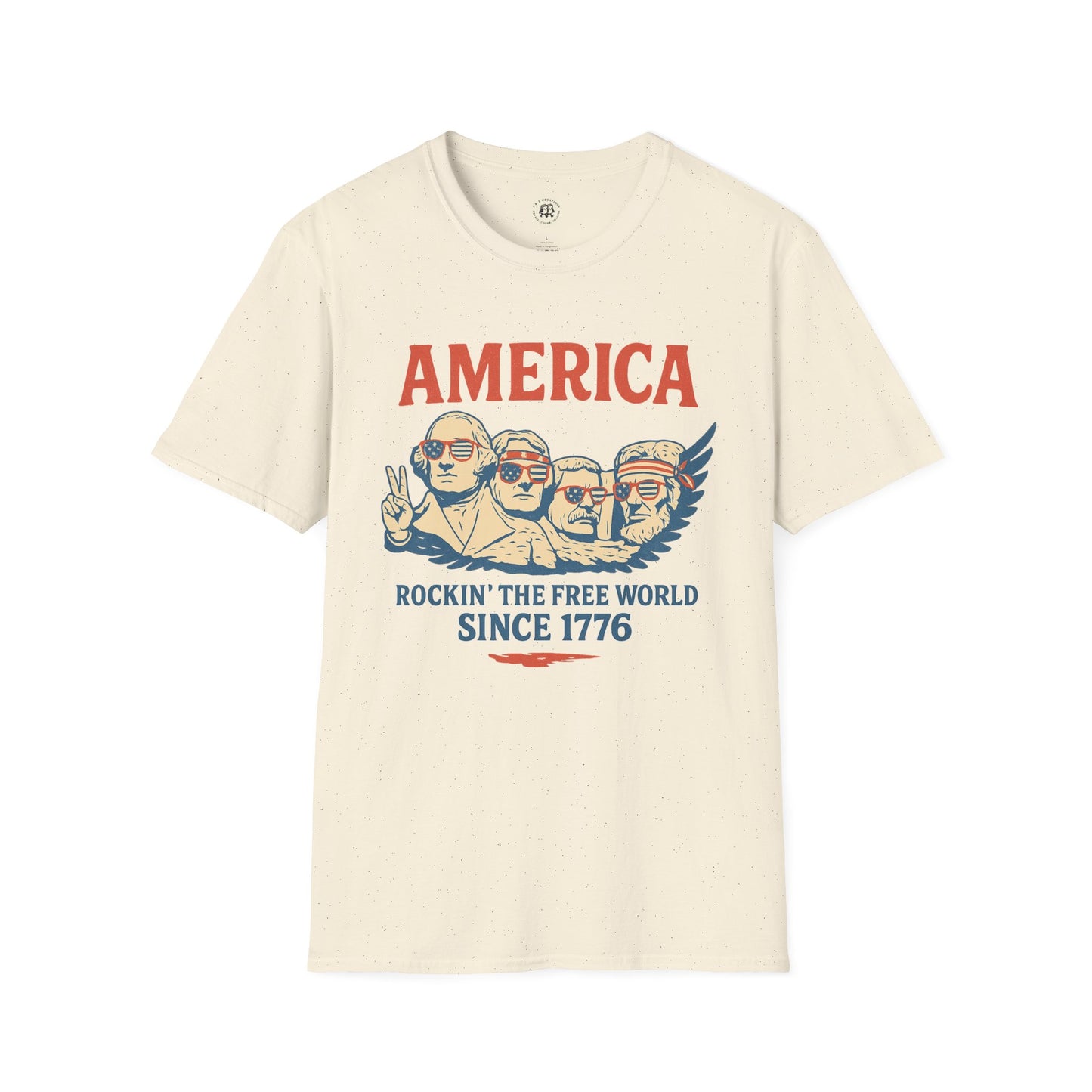 Printify America 1776 patriotic t-shirt with vintage style graphic of historical figures wearing sunglasses