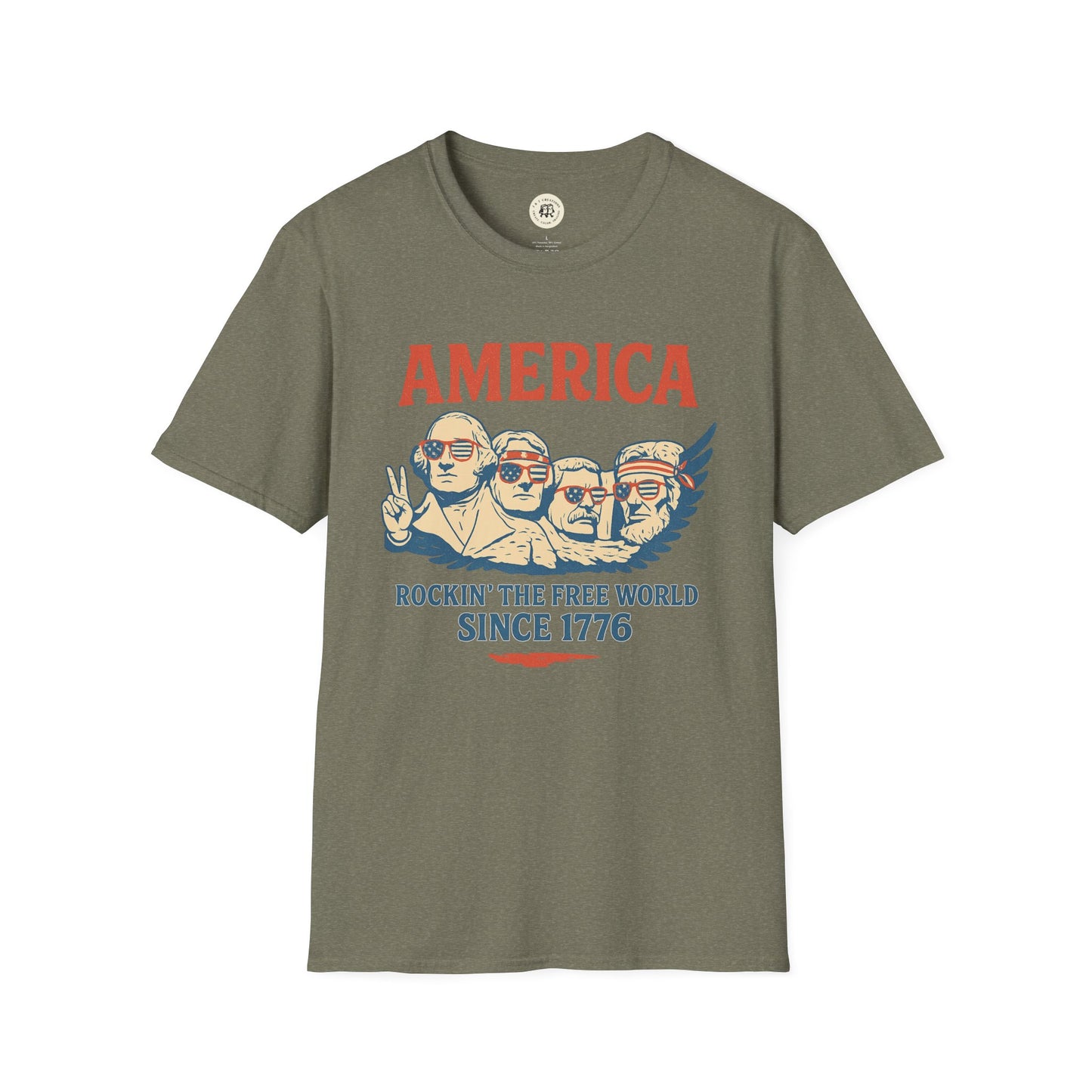 Printify America 1776 patriotic t-shirt with vintage patriotic design and historic figures in sunglasses