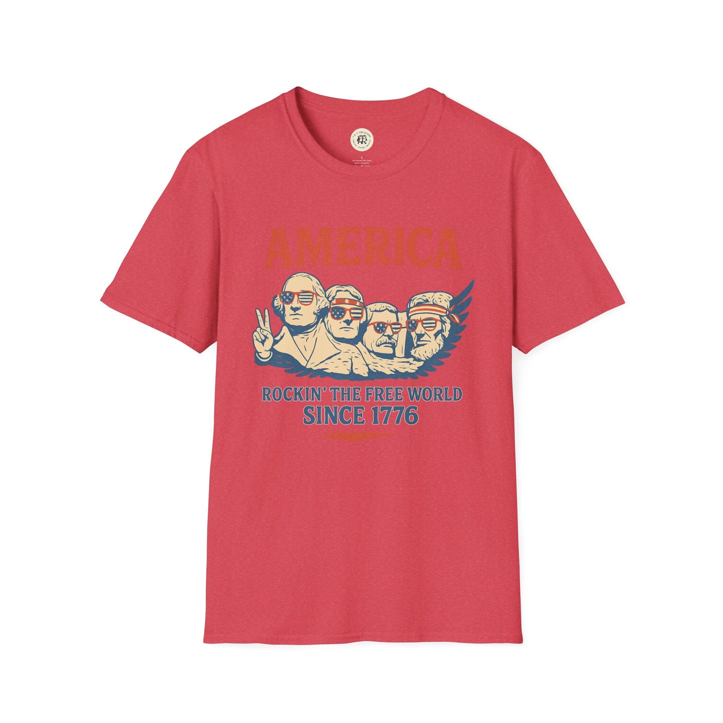 Printify red America 1776 patriotic t-shirt with graphic of Mount Rushmore wearing sunglasses and text rockin the free world since 1776