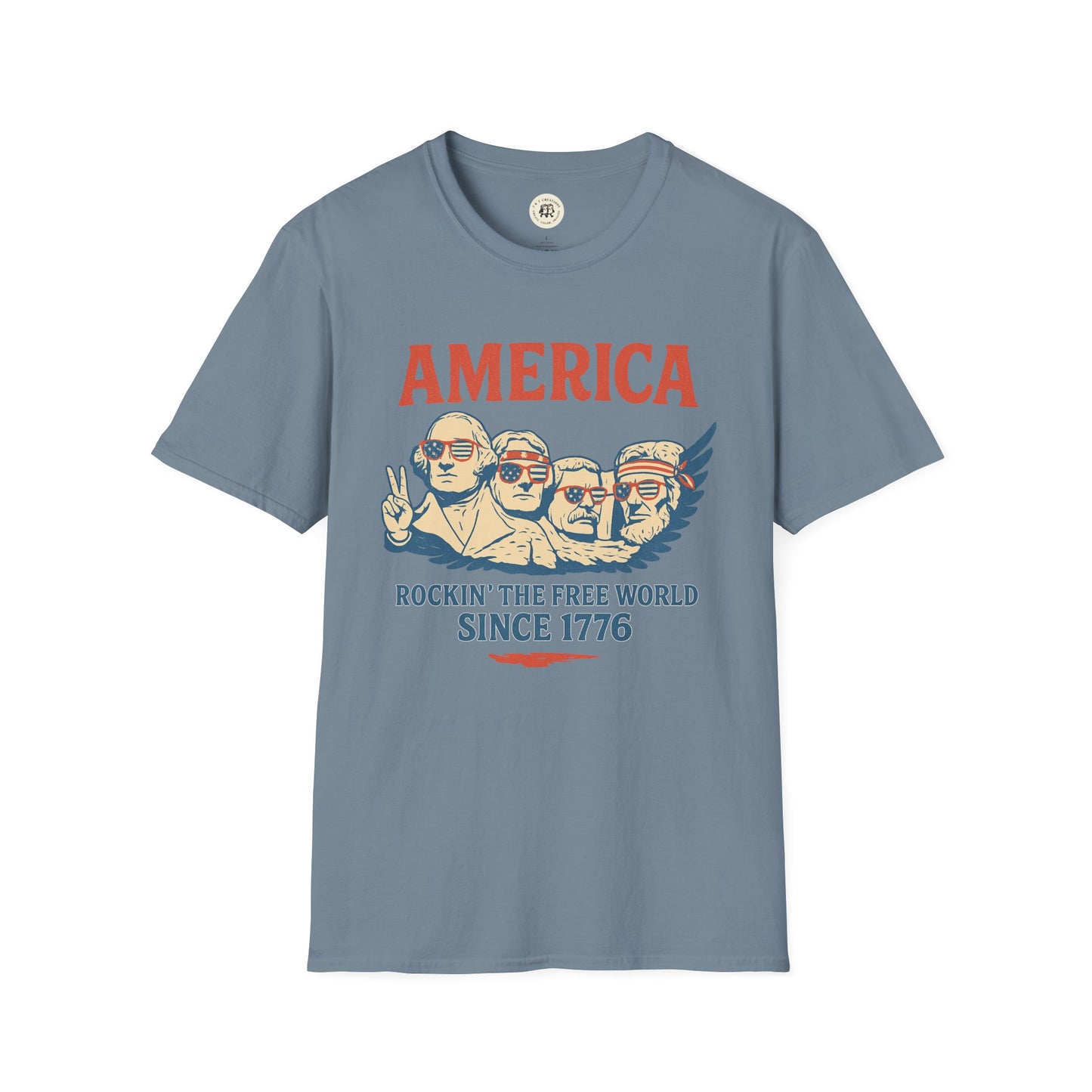 Printify America 1776 patriotic t-shirt with Mount Rushmore wearing sunglasses and peace sign