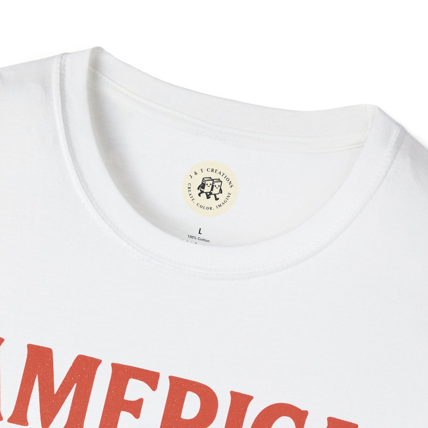 Close-up of white Printify America 1776 patriotic t-shirt with red text and crew neck design