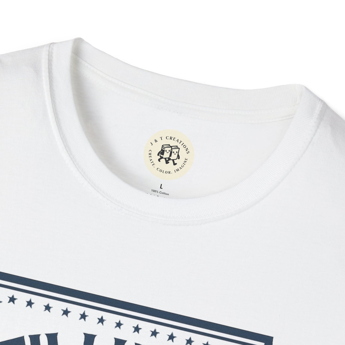 White American pride t-shirt by Printify with navy stars and stripe design close up neckline