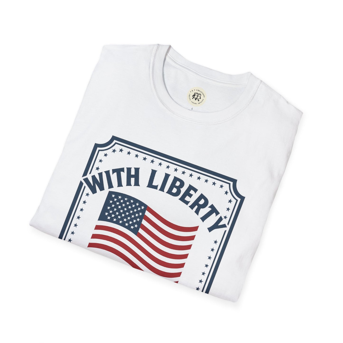 White American pride t-shirt folded with a USA flag and with liberty text design by Printify