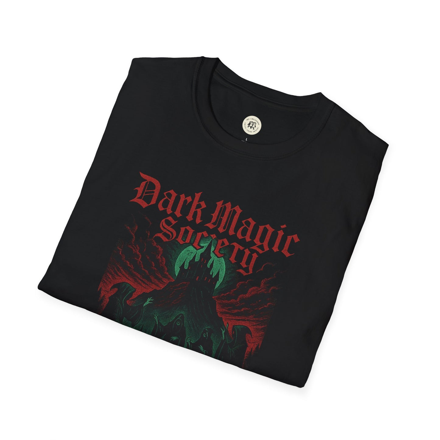 Printify dark magic unisex t-shirt folded black tee with red gothic mountain art and green moon occult design