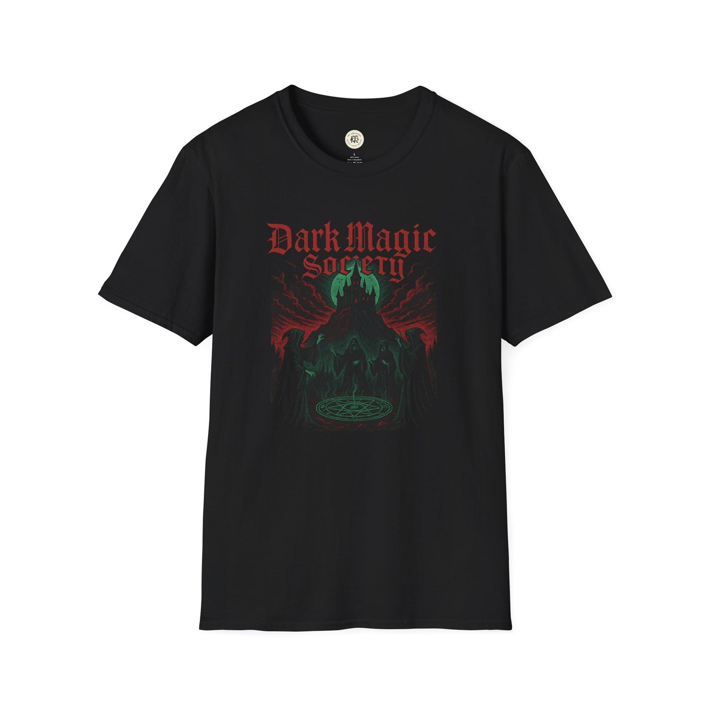 Printify dark magic unisex t-shirt black with red gothic text green occult illustration of hooded figures and magic circle