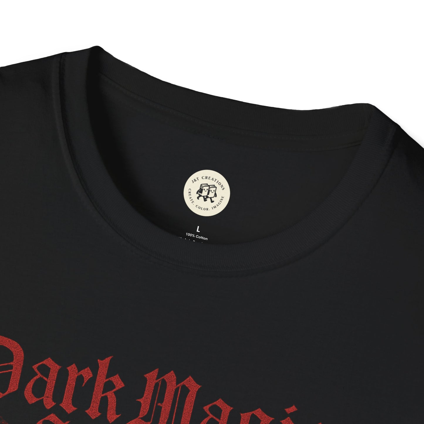 Printify black dark magic unisex t-shirt close up of neckline and red gothic text design